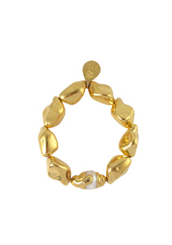 Freshwater Pearl in Gold Bezel Gold Nugget Stretch Bracelet