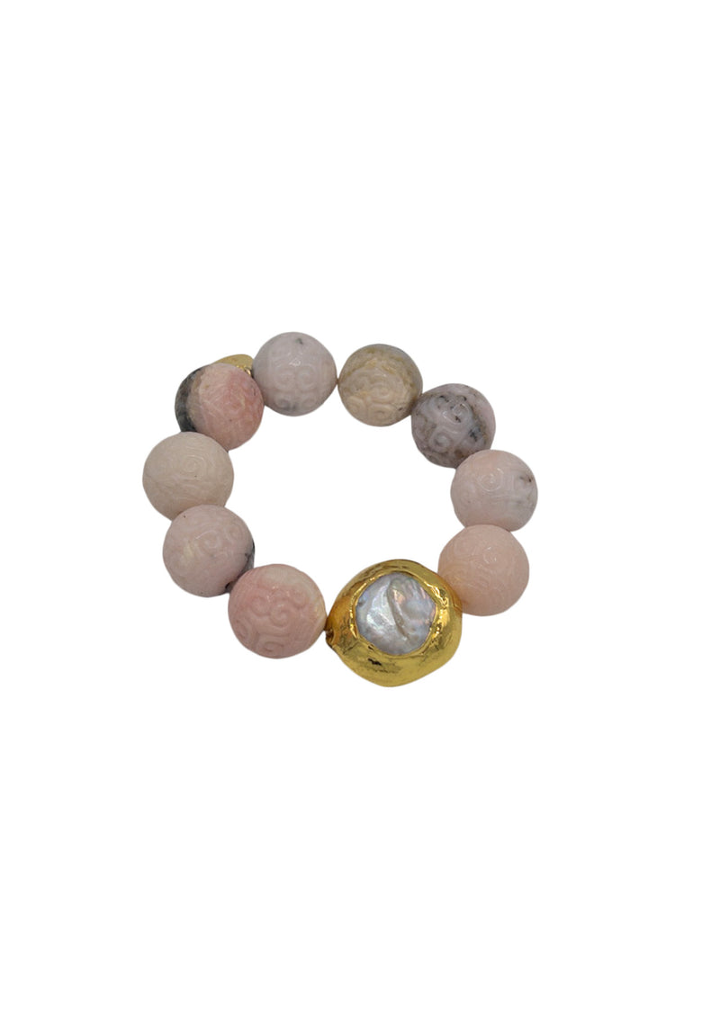 Carved Pink Opal Pearl Accent Stretchy Bracelet