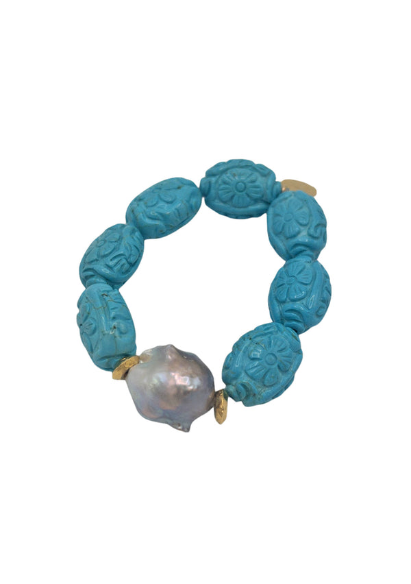 Carved Turquoise Freshwater Pearl Stretchy Bracelet