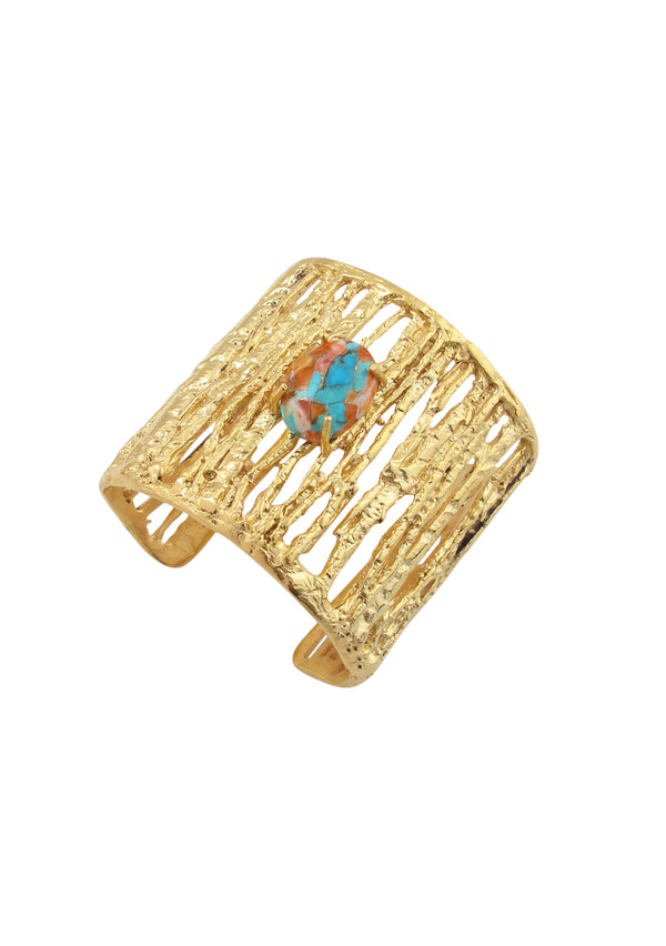 Turquoise Spiny Oyster Accent Textured Gold Cuff