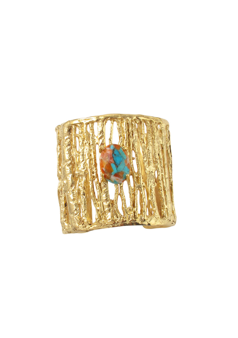 Turquoise Spiny Oyster Accent Textured Gold Cuff