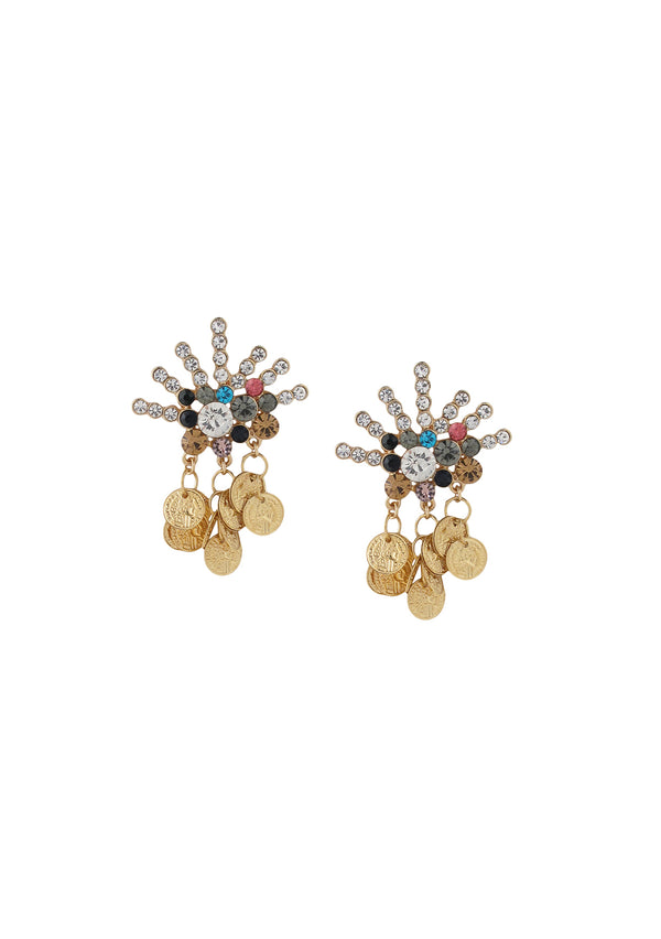 Gold Coin Cluster Multicolor Crystal Flower Post Earrings