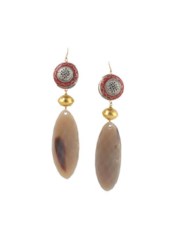 Coral and Brass Ethnic Bead Gold Accent Horn Earrings