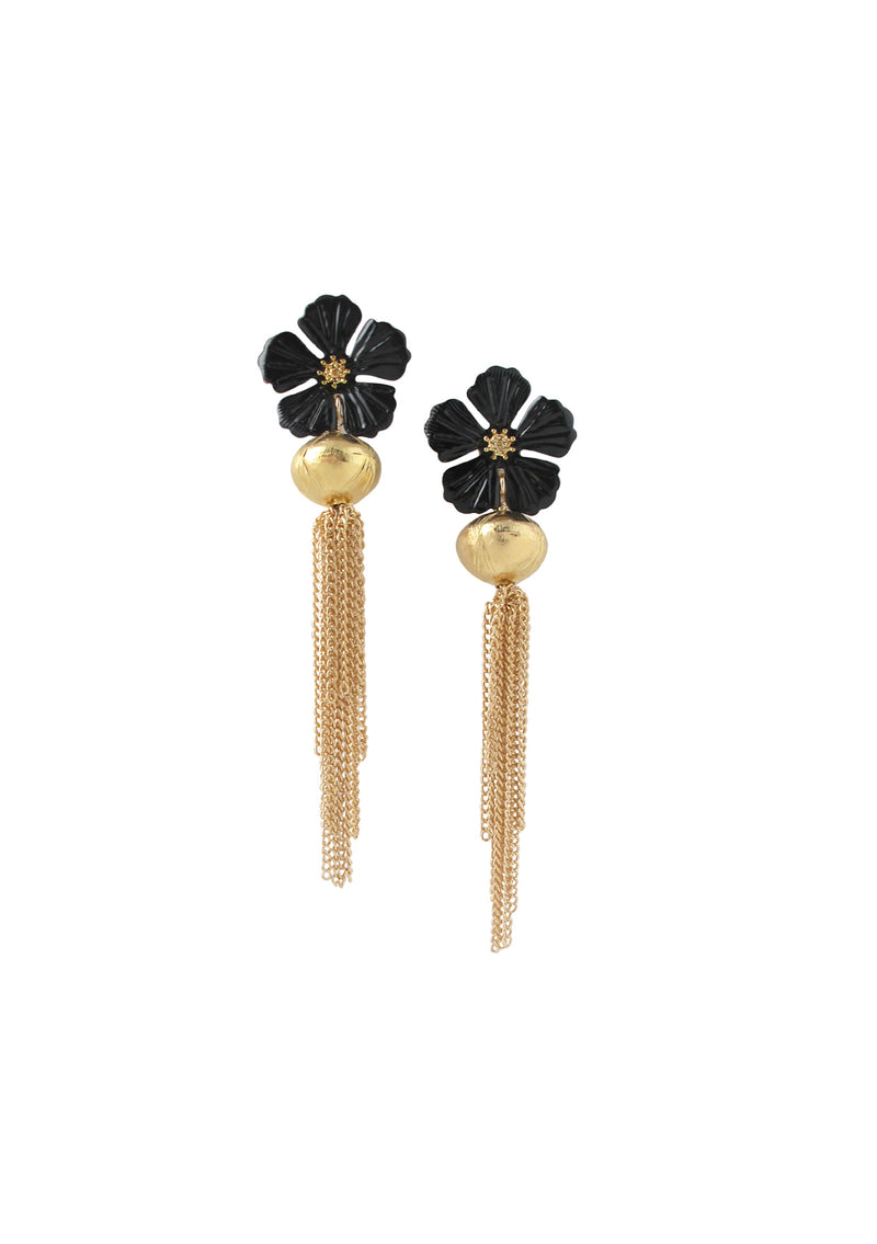 Black Flower Gold Tassel Post Earrings