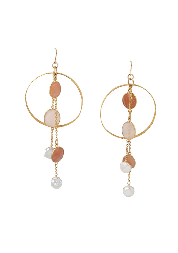 Freshwater Pearl Rose Quartz Gold Chandelier Earrings
