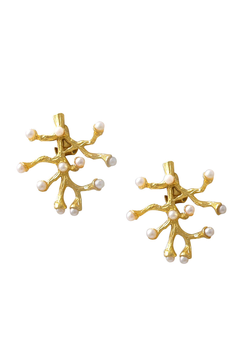 Pearl Gold Coral Branch Clip-On Earrings