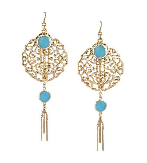 Blue Chalcedony Gold Filigree Dangle Earrings