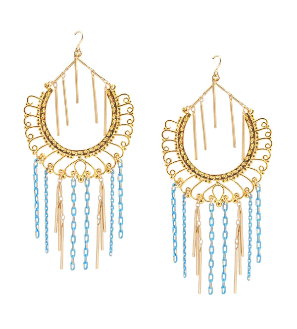Gold and Turquoise Fringe Chandelier Earrings