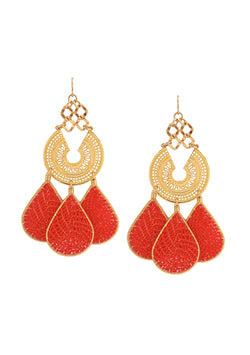 Red Teardrop Gold Chandelier Earrings
