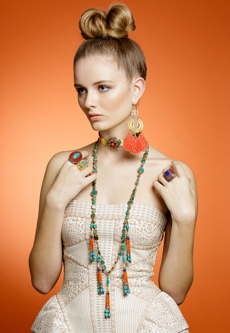 Red Teardrop Gold Chandelier Earrings