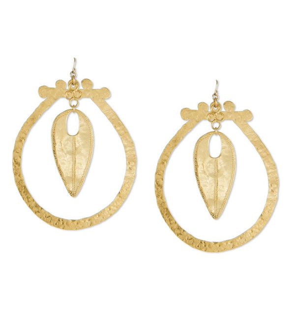 Gold Hammered Hoop Drop Statement Earrings