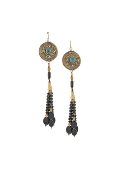 Antiqued Brass and Turquoise Black Onyx Tassel Earrings