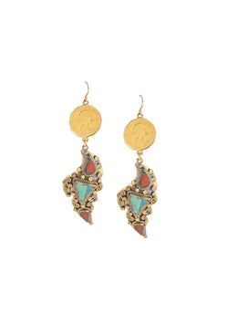 Turquoise and Coral Pendant Gold Coin Earrings