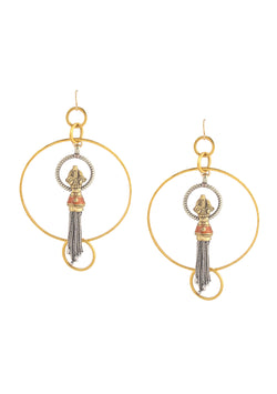 Ethnic Coral and Brass Tassel Gold Hoop Earrings