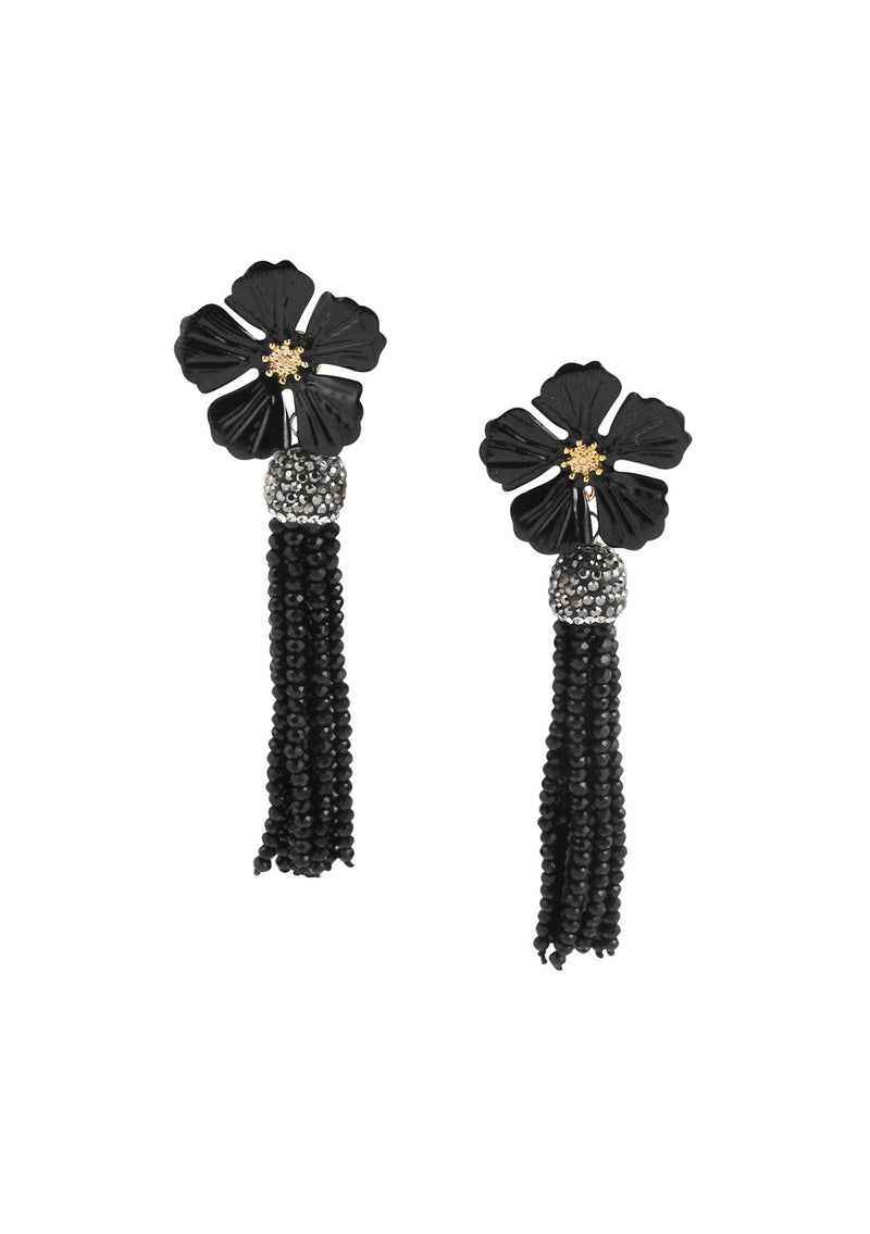 Black Flower Crystal Tassel Post Earrings