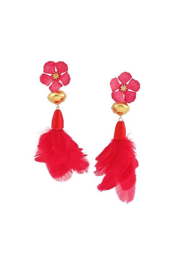 Pink Flower Gold Accent Red Feather Post Earrings
