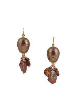 Devon Leigh Understated bohemian style freshwater pearl cluster earrings with bronze shell pearl.