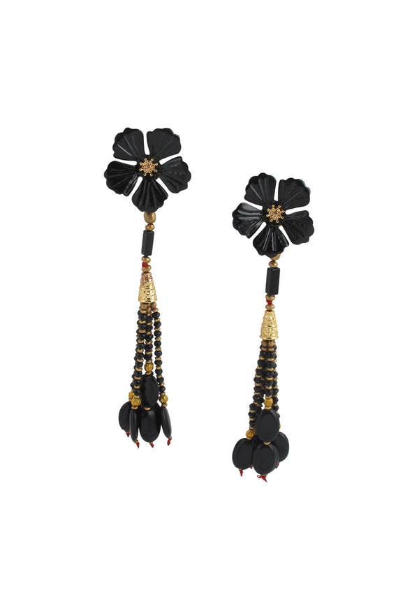 Black Onyx Tassel Black Flower Post Earrings