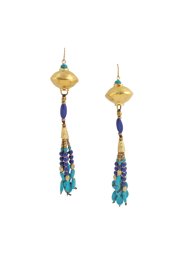 Lapis Turquoise Tassel Gold Accent Earrings