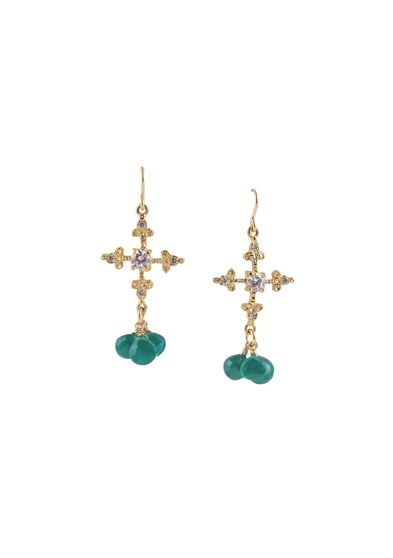 Green Onyx Diamond Illusion Gold Cross Earrings