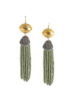 Gold Accent Green Crystal Tassel Earrings