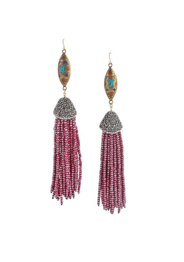 Ethnic Accent Ruby Crystal Tassel Earrings
