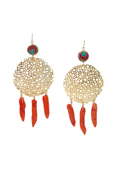 Coral Gold Filigree Ethnic Accent Earrings