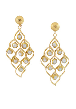 White Pearl Gold Trellis Chandelier Earrings
