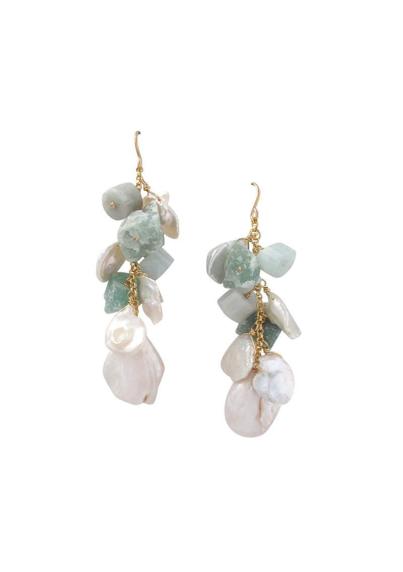 Aquamarine Green Aventurine Pearl Cluster Earrings