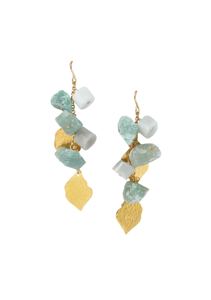 Aquamarine Green Aventurine Gold Cluster Earrings