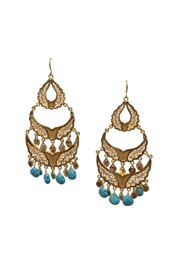 Sleeping Beauty Turquoise Drop Gold Filigree Chandelier Earrings