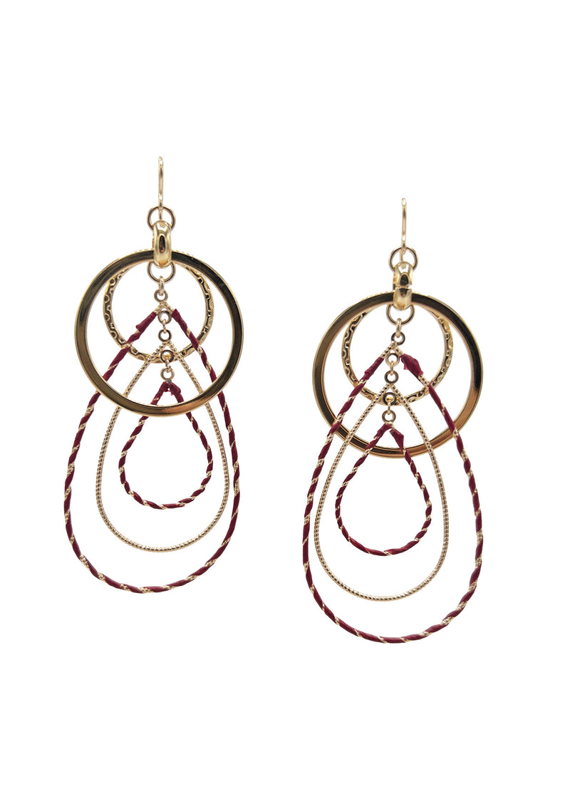 Multi-Link Red Accent Gold Drop Earrings