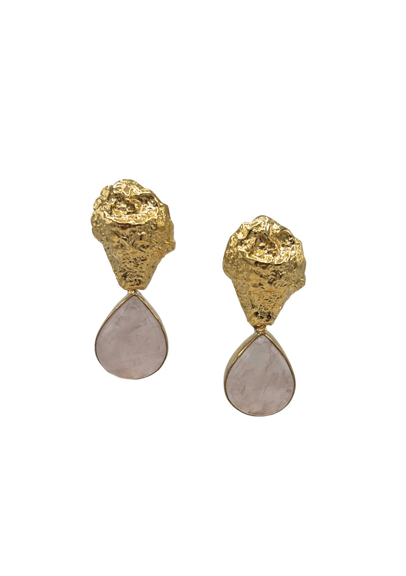Rose Quartz Gold Textured Drop Post Earrings