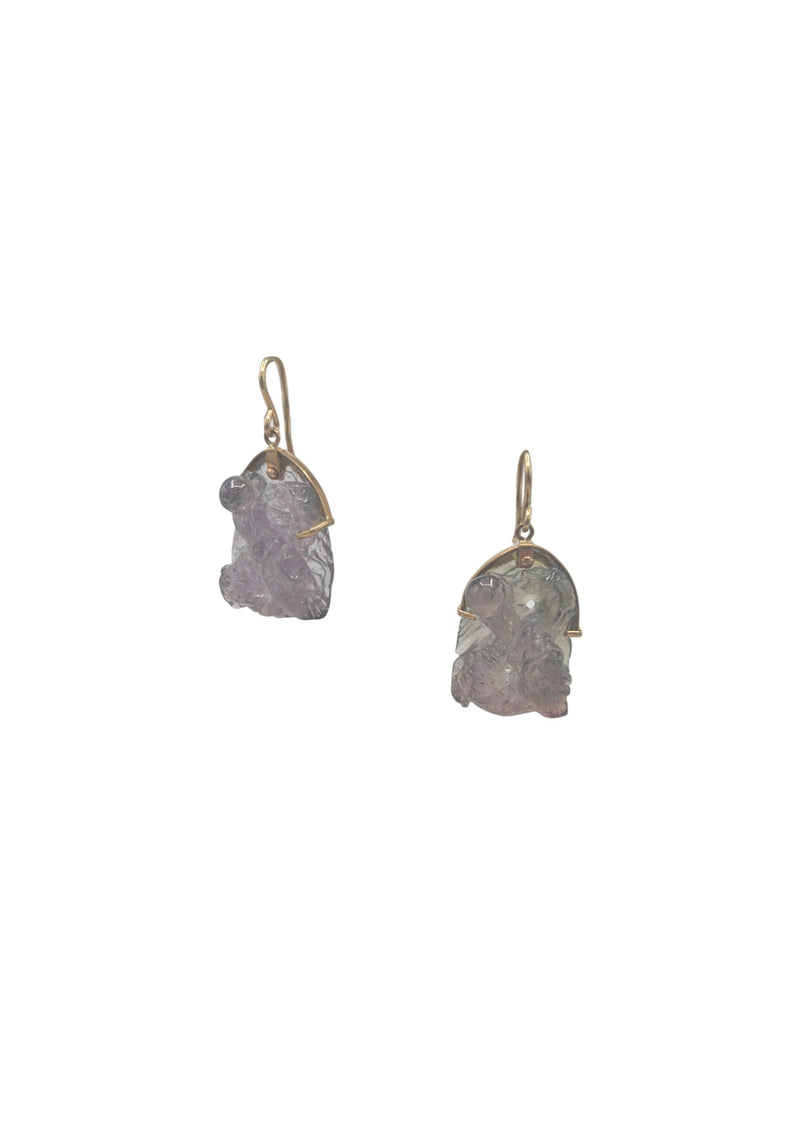 Carved Tourmaline in Gold Drop Earrings