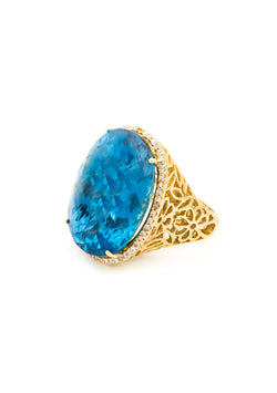 Blue Topaz Pavee Diamond Solid 18k Gold Ring