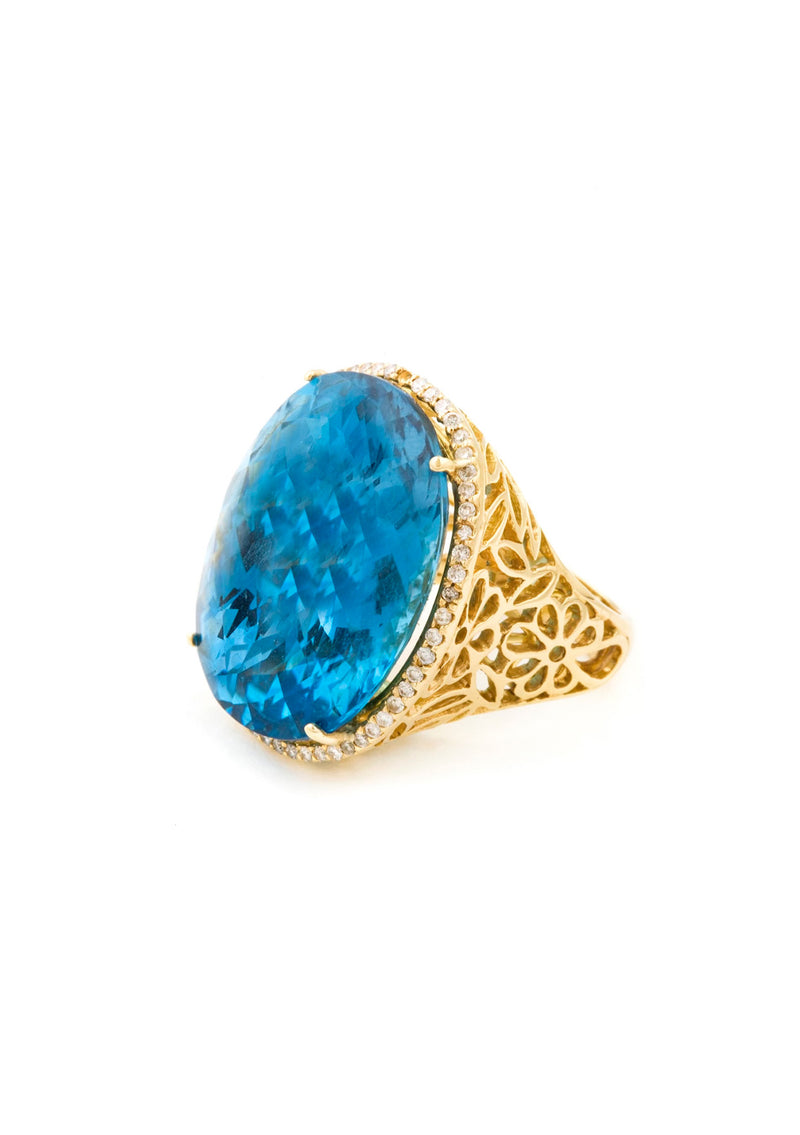 Blue Topaz Pavee Diamond Solid 18k Gold Ring