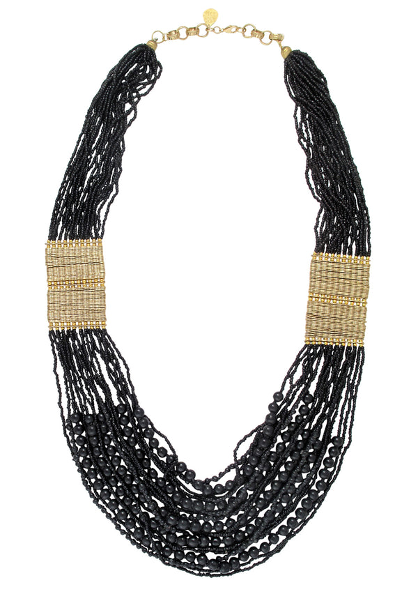 Multi Strand Black Onyx and Brass Ethnic Necklace