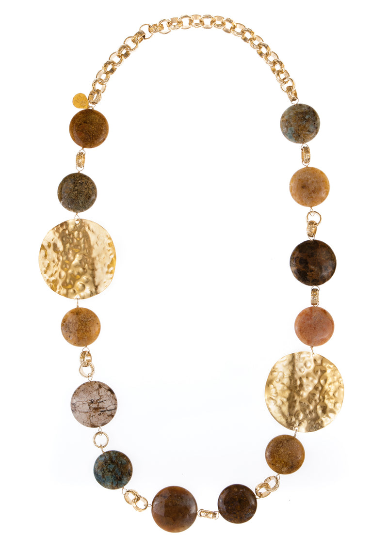 Earth Tone Puff Coin Gold Medallion Necklace
