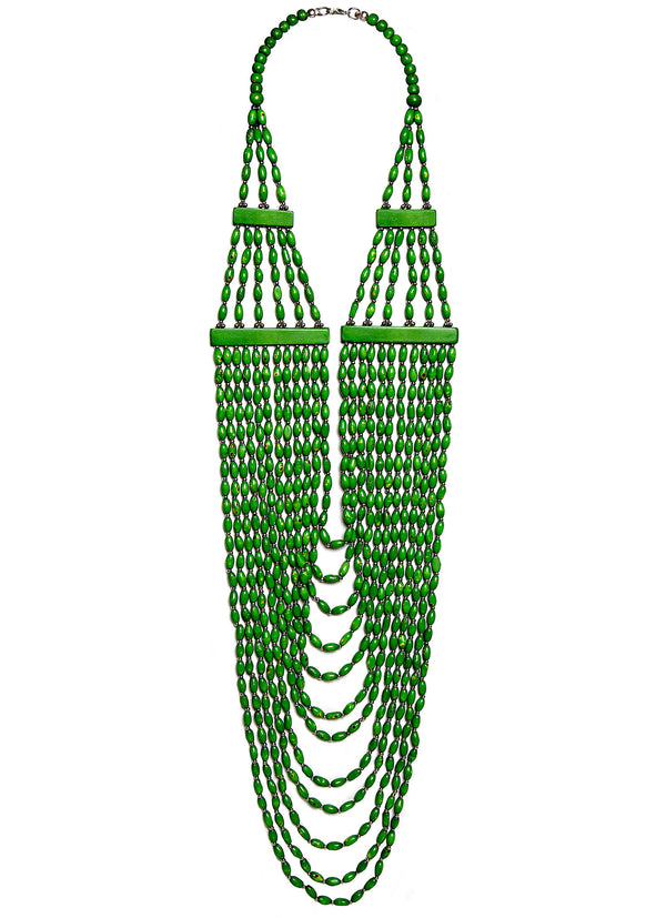 Long Multistrand Emerald Green Wood Necklace