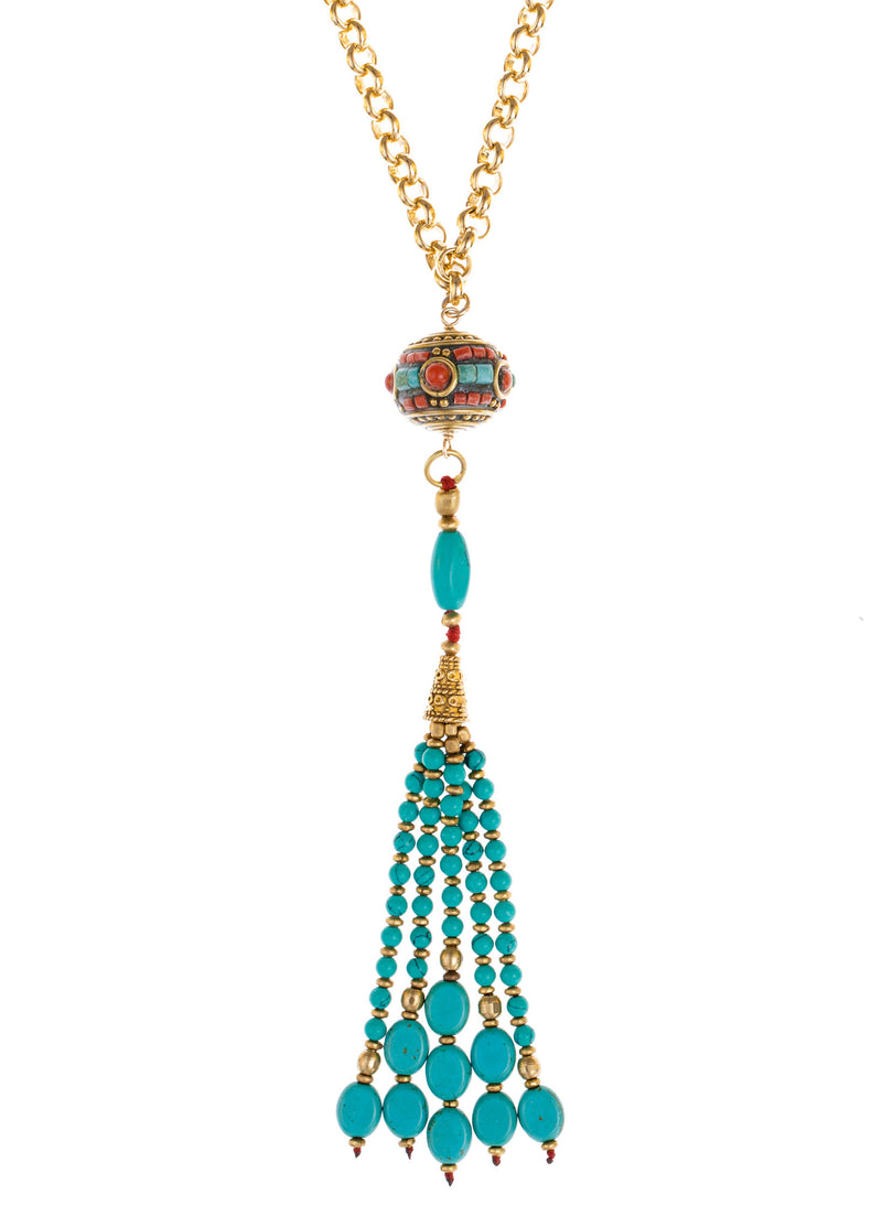 Coral Lapis Tassel Lapis Bezel Pendant Necklace