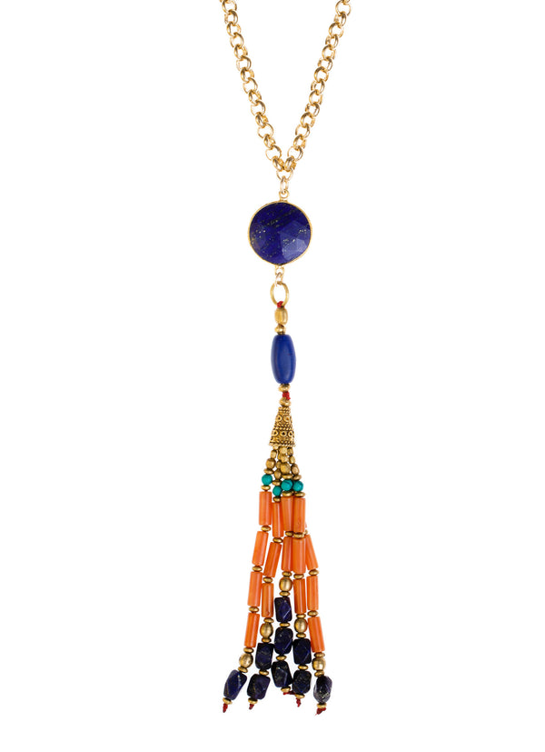 Coral Lapis Tassel Lapis Bezel Pendant Necklace
