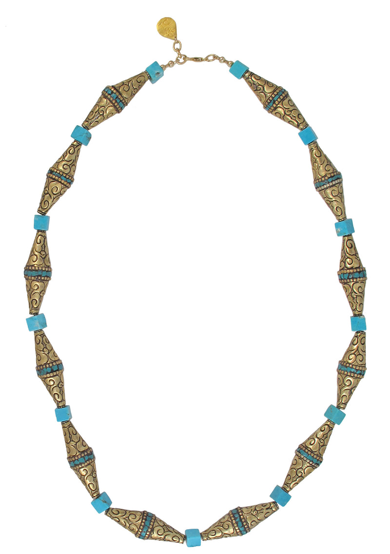 Carved Brass and Turquoise Necklace