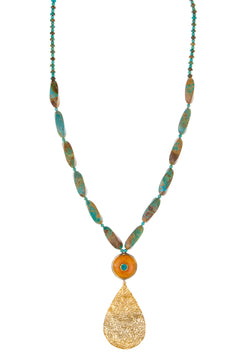 Long Turquoise Amber Gold Pendant Necklace