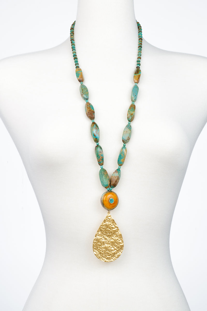 Long Turquoise Amber Gold Pendant Necklace