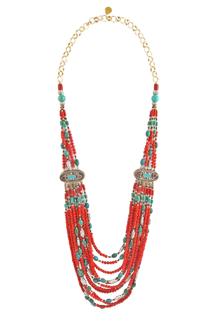 Multi Strand Ethnic Coral Turquoise Necklace