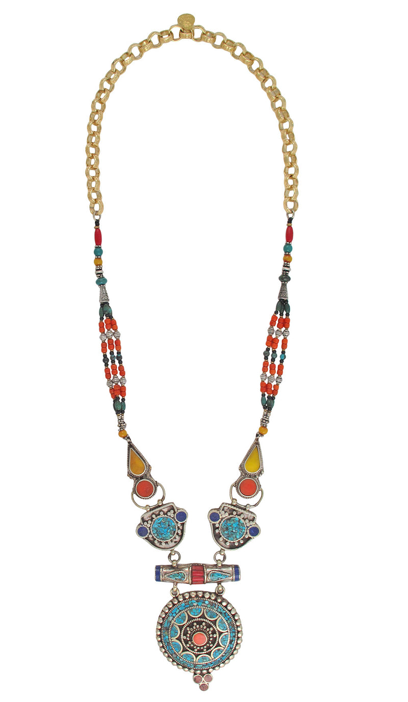 Long Ethnic Turquoise Coral Lapis Pendant Necklace