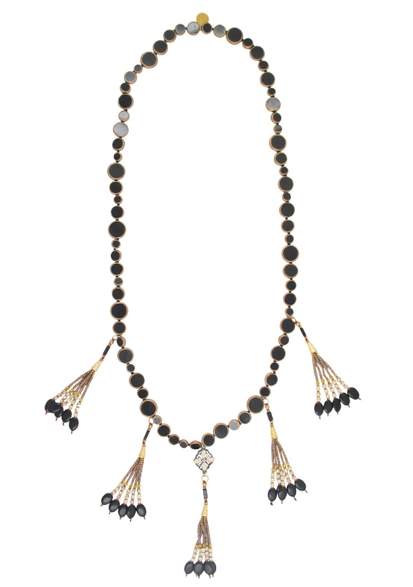 Copper Infused Black Onyx Animal Print Tassel Necklace