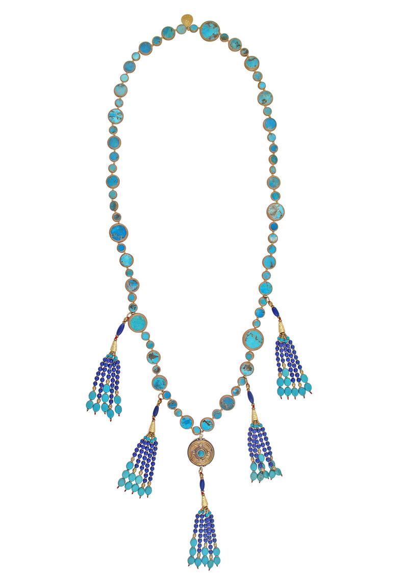 Copper Infused Blue Turquoise Lapis Tassel Necklace