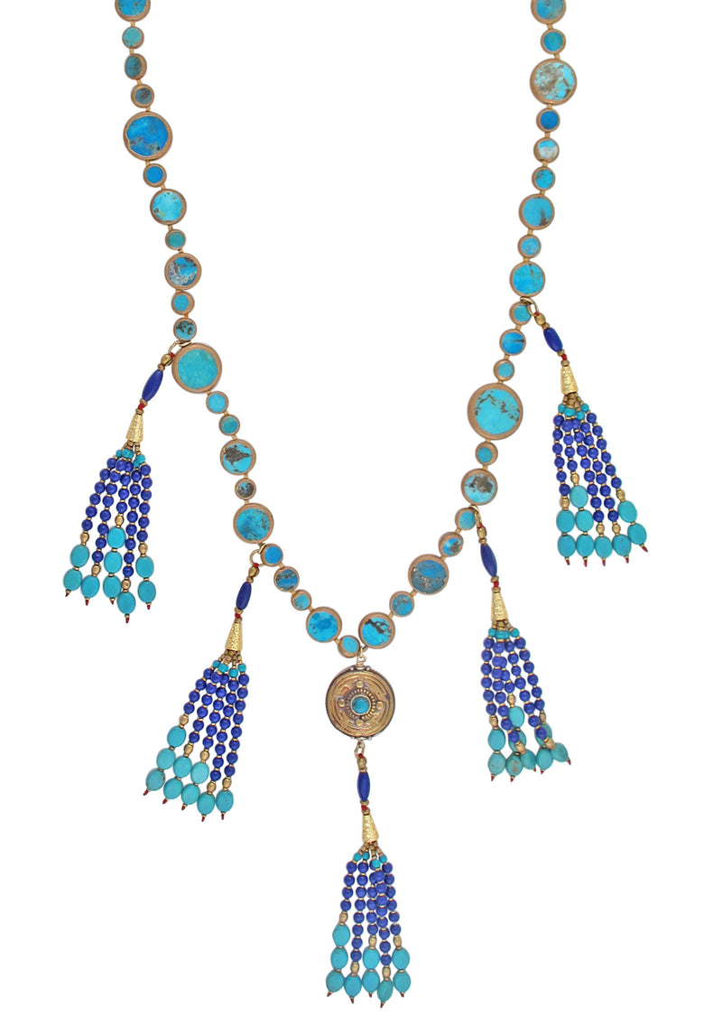 Copper Infused Blue Turquoise Lapis Tassel Necklace