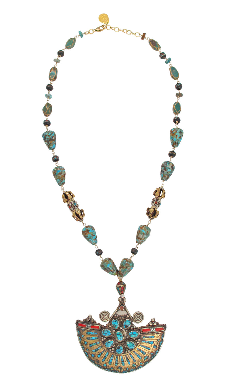 Long Turquoise Ethnic Turquoise Coral Pendant Necklace